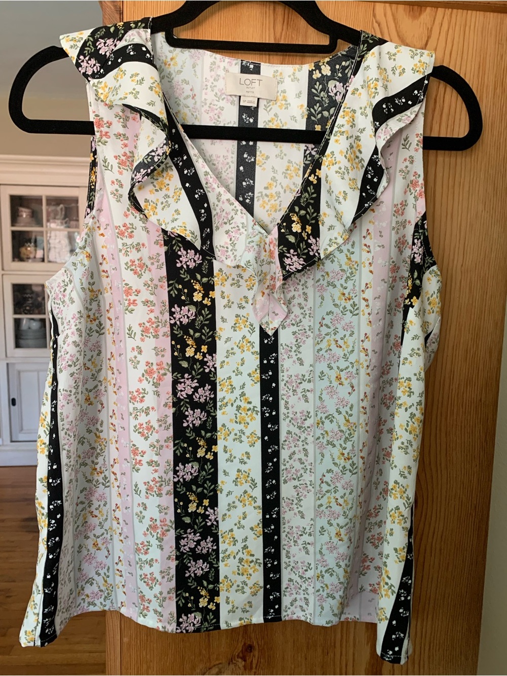 LOFT outlet Ruffle V-Neck Sleeveless Top — Pink, Yellow, & Black stripes/floral